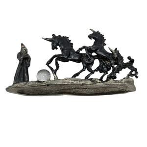 Vintage 1980s Pewter Unicorn and Wizard Crystal Ball Scene Figurine